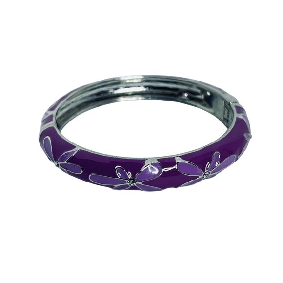 Two Tone Purple Flower Silver Tone Hinged Bracelet & Matching Earrings Set (5586 - Picture 2 of 7